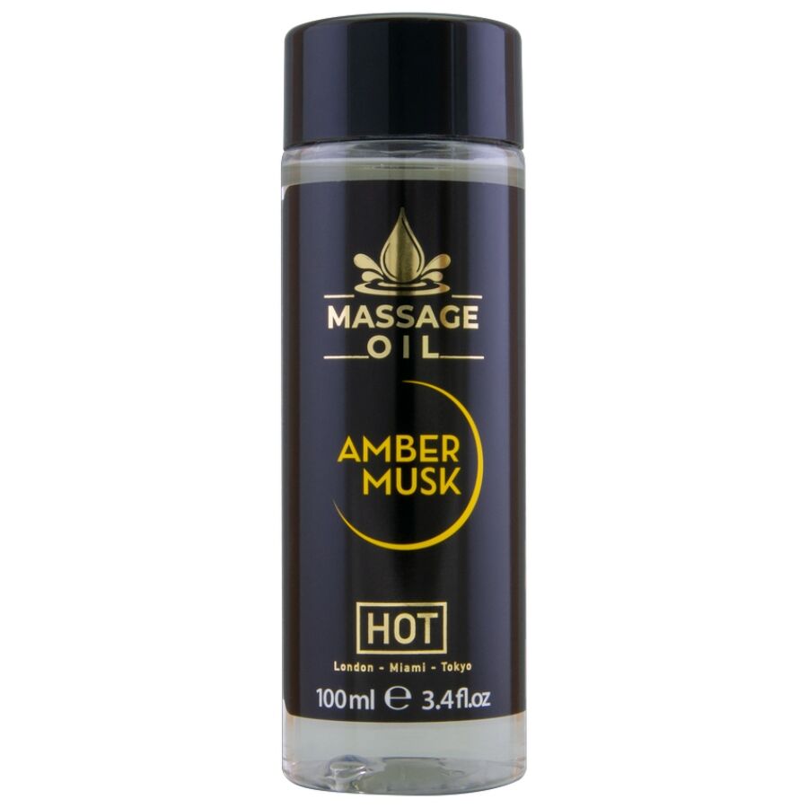 Frasco de óleo de massagem Amber Musk 100 ml com rótulo preto e texto amarelo
