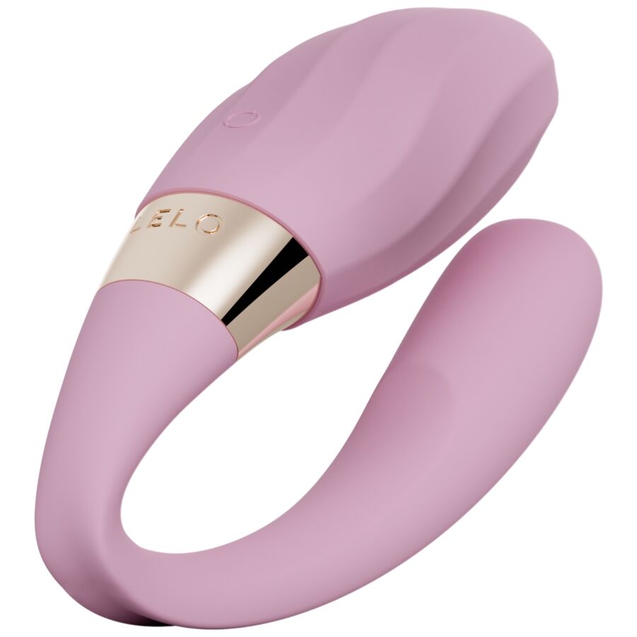 Produto sexual em silicone rosa com detalhes metálicos dourados e formato flexível