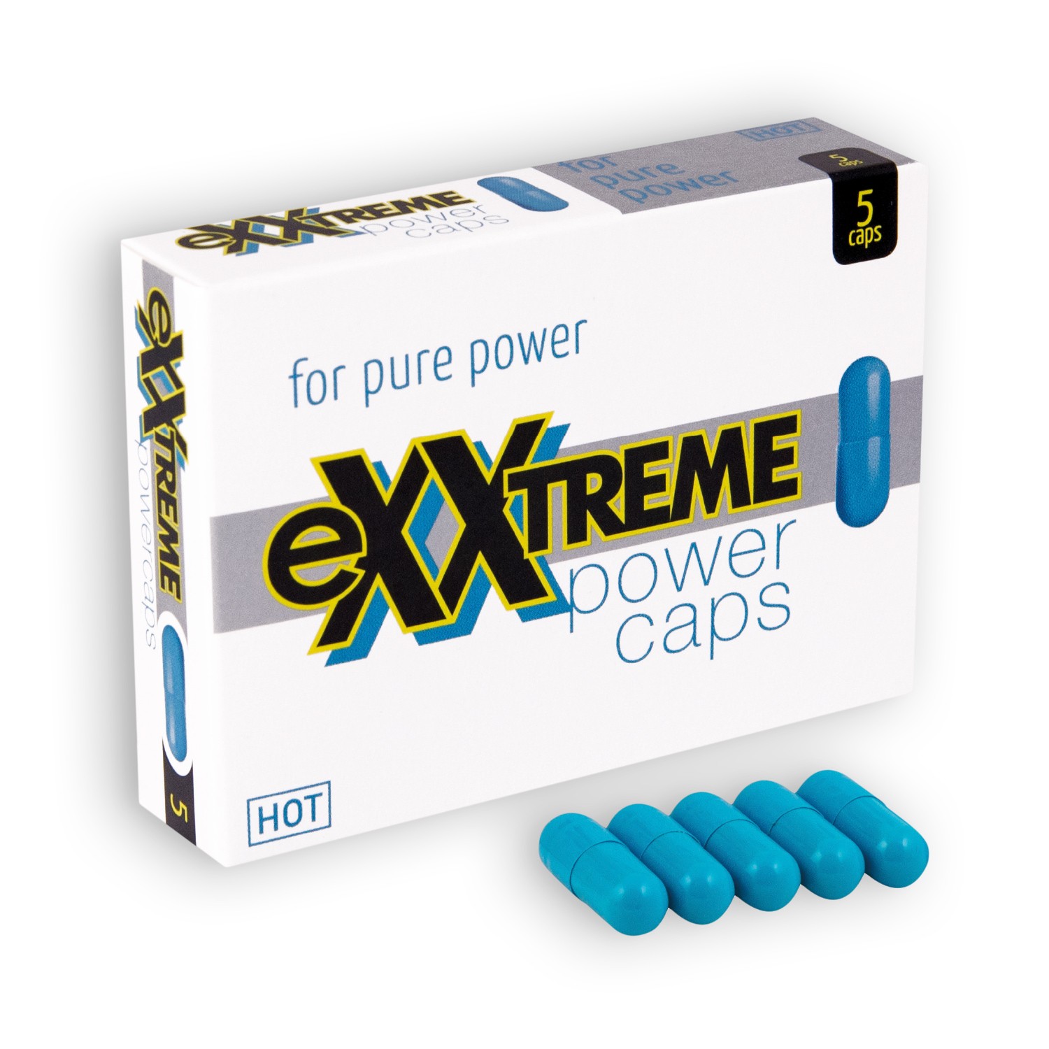 Embalagem branca com cápsulas azuis e texto eXXtreme power caps