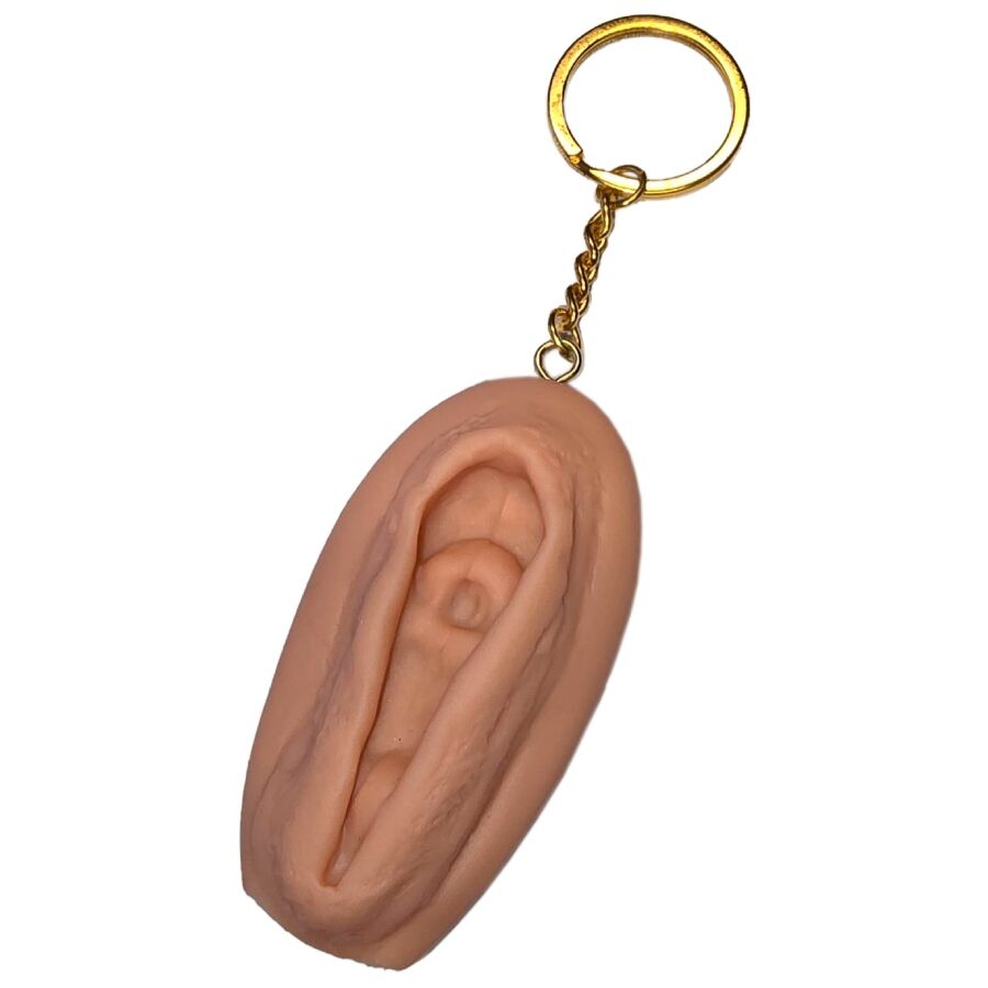 Porta-chaves dourado com pendente em forma de orelha humana cor de pele