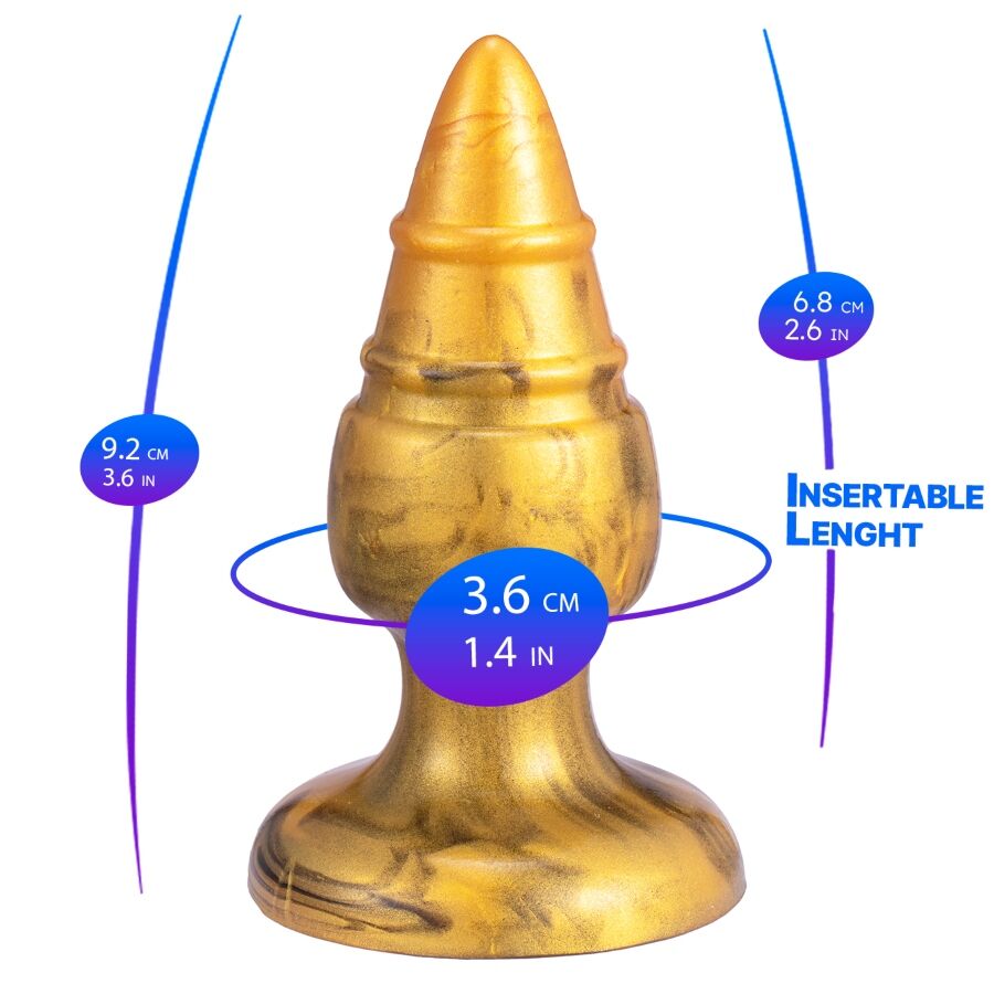 Plug anal dourado com medidas destacadas em azul