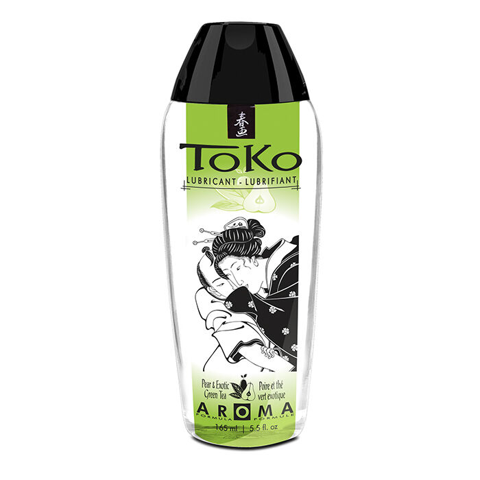 Frasco de lubrificante Toko com etiqueta verde e ilustração oriental.