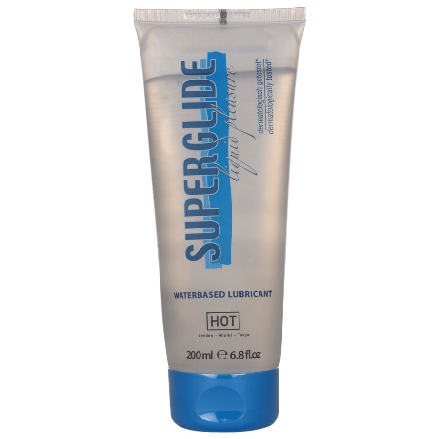 Frasco de gel lubrificante transparente com tampa azul e texto azul e preto