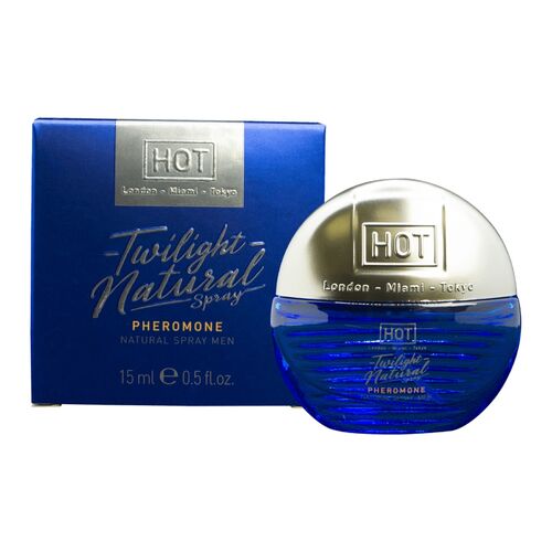 Frasco e caixa azul de spray natural para homens, Twilight Natural, 15 ml, com tampa prateada e texto HOT