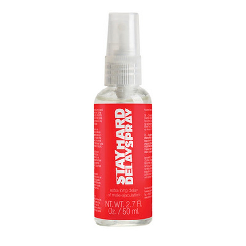 Frasco spray transparente com rótulo vermelho e texto branco