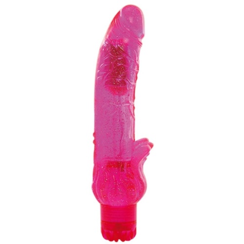 Vibrador rosa translúcido com estimulador em forma de coelho
