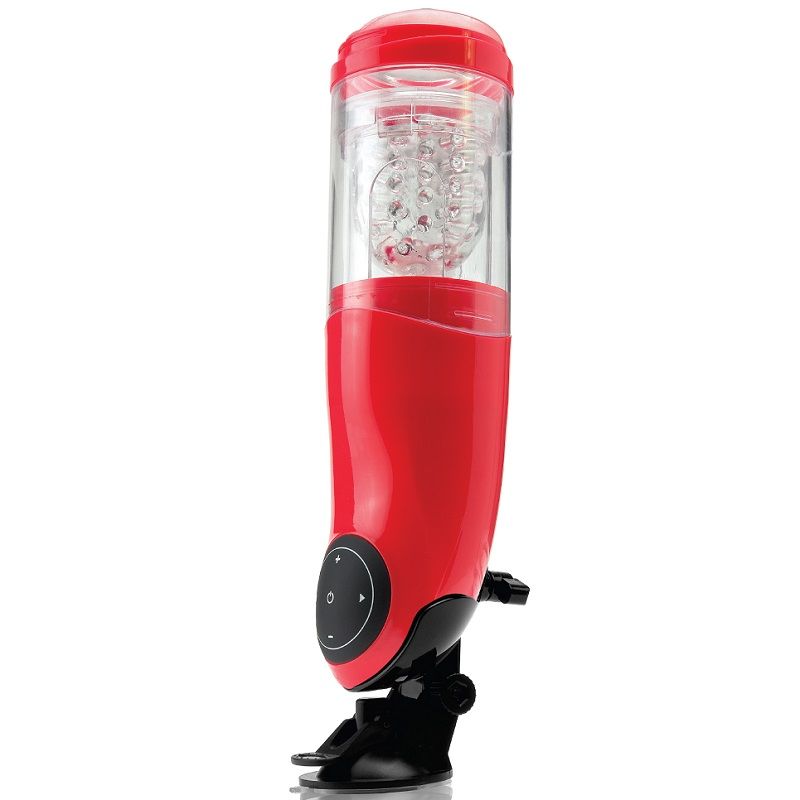 Aparelho eletrônico vermelho com base preta em fundo branco.