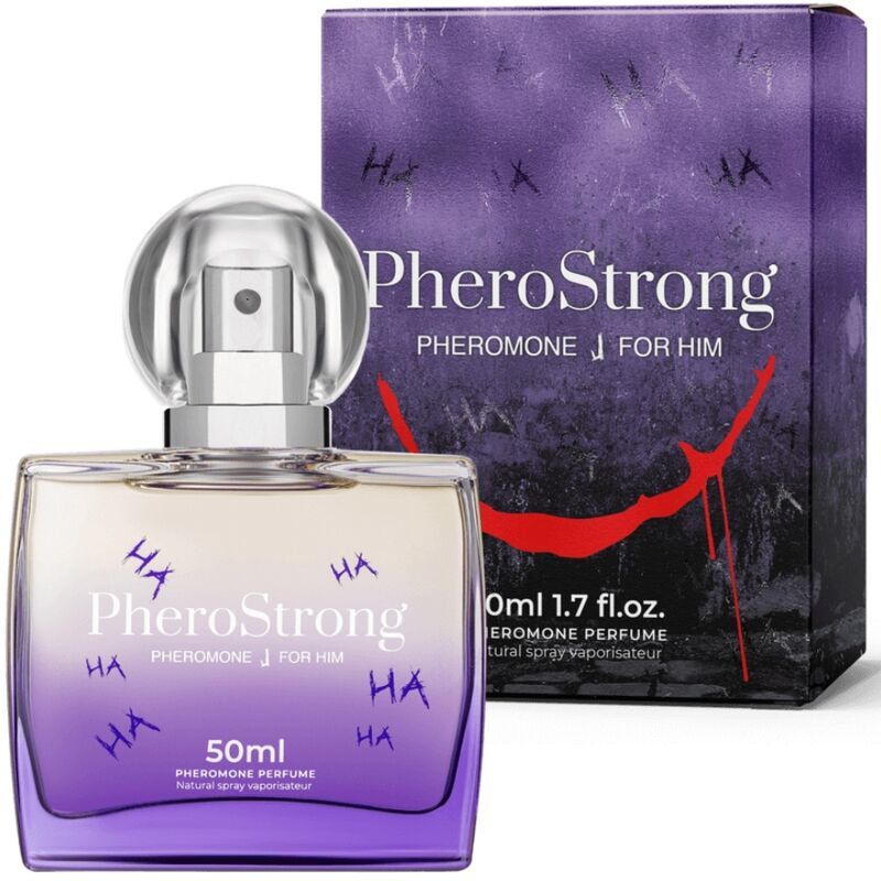 Frasco do perfume PheroStrong para homem com embalagem roxa e detalhes de smile vermelho