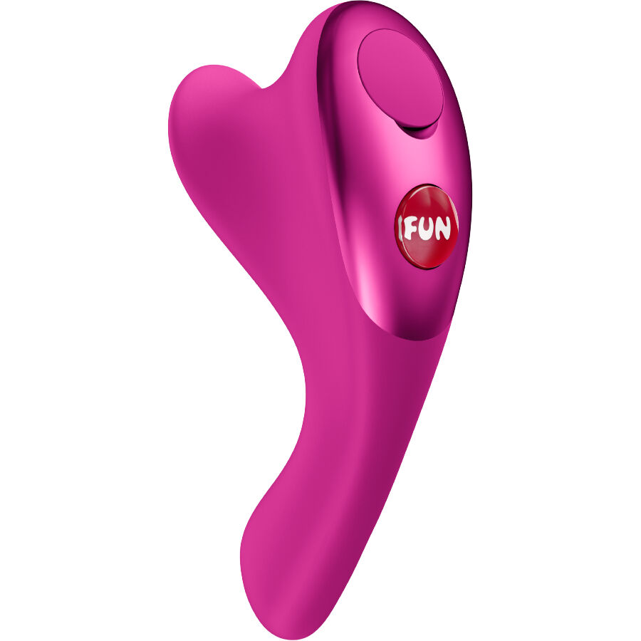 Produto curvo rosa com botão vermelho e texto FUN