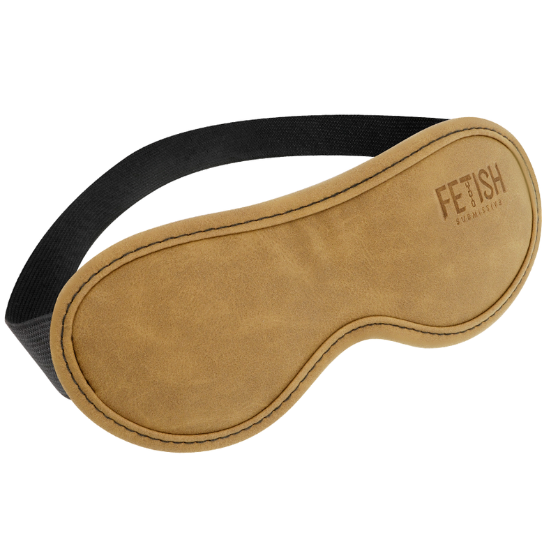 Máscara de dormir castanha com faixa preta e texto FETISH SUBMISSIVE