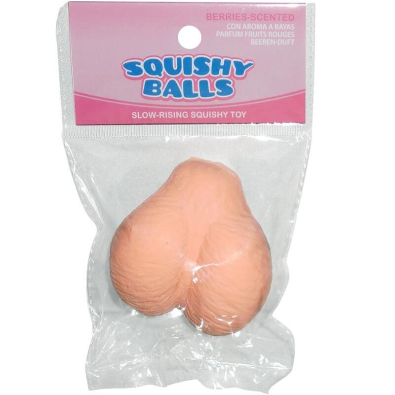 Brinquedo squishy em forma de bolas cor de pele em embalagem transparente com rótulo rosa.
