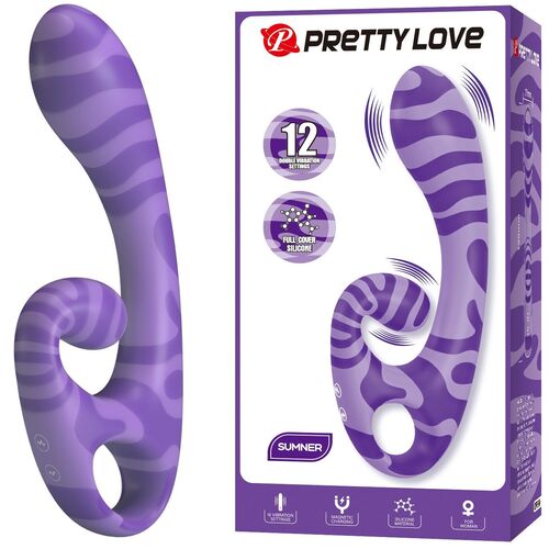 Vibrador roxo com padrões lilás e embalagem Pretty Love