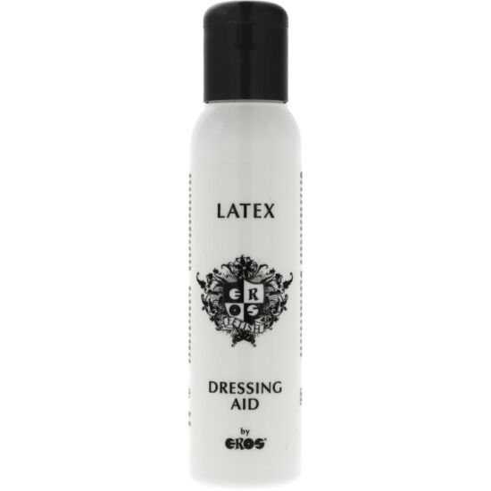 Frasco branco com tampa preta de auxílio para vestir látex, texto LATEX DRESSING AID by EROS