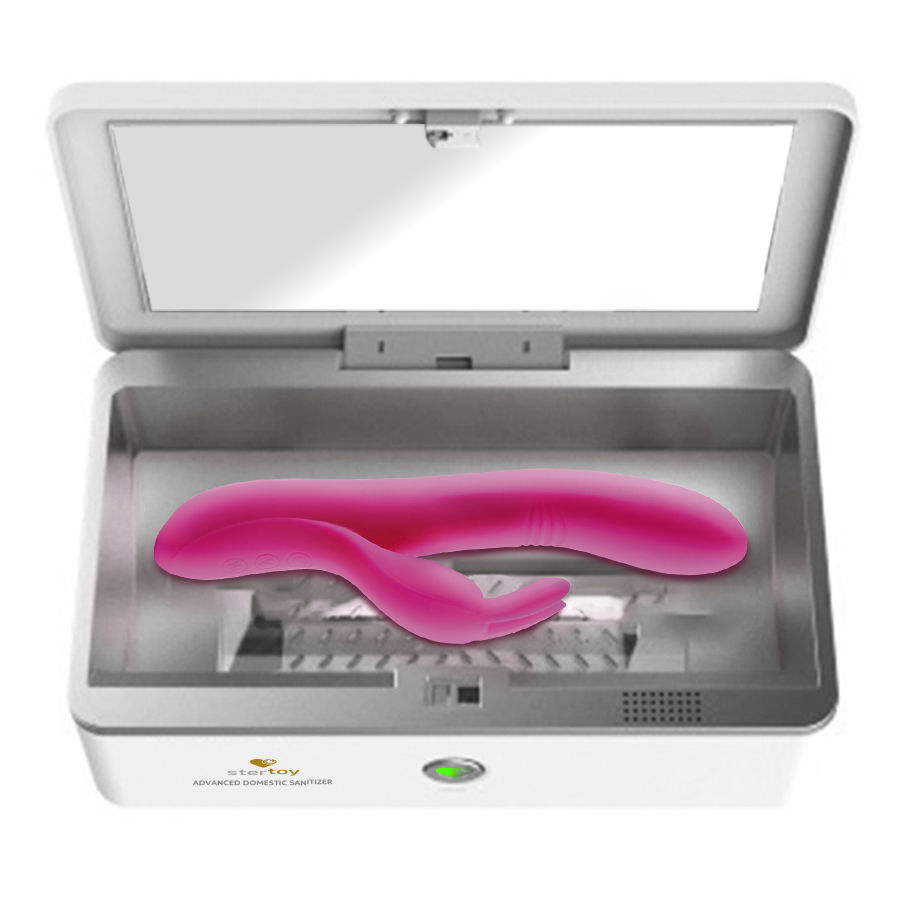 Caixa esterilizadora doméstica STERITOY com vibrador roxo de silicone.