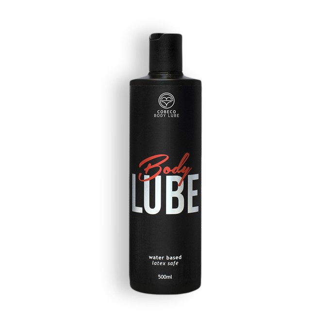 Frasco preto de lubrificante corporal de 500ml com texto em branco e vermelho