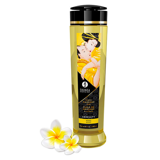 Frasco de óleo de massagem amarelo com tampa preta e etiqueta com ilustração de casal e flores.