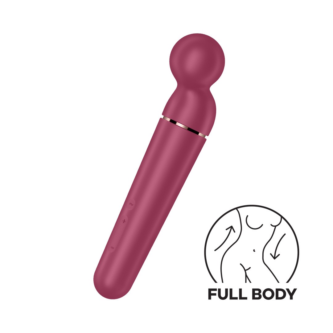 Vibrador vermelho vinho com botão e ícone de corpo feminino com texto FULL BODY