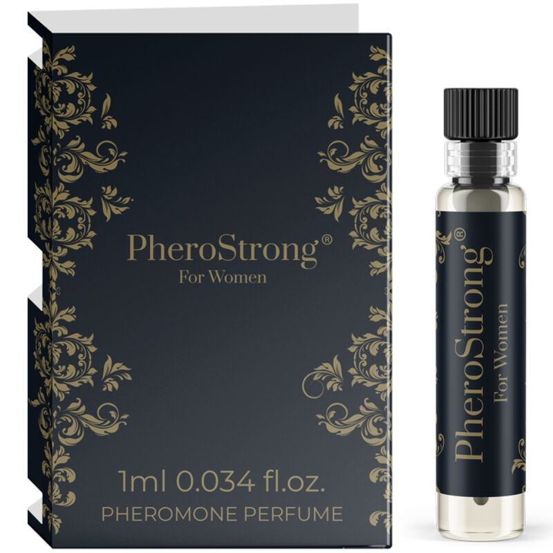 Frasco e caixa preta com texto dourado PheroStrong For Women