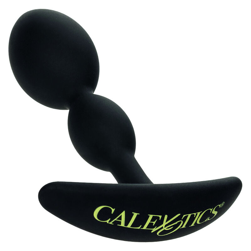 Plug anal preto com duas esferas e base curva com texto CALExTICS