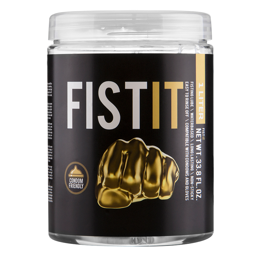 Frasco de lubrificante FIST IT de 1 litro com embalagem preta e símbolo de punho dourado