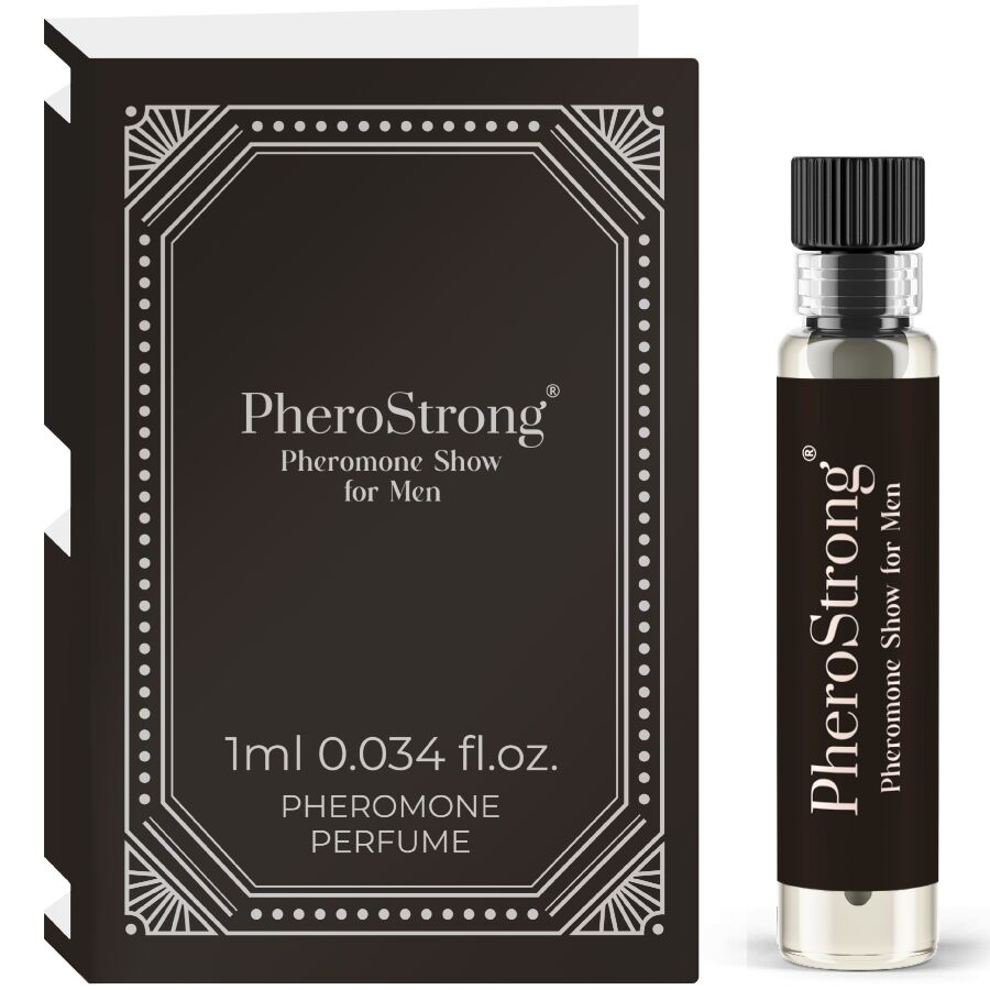 Perfume PheroStrong para homens em frasco transparente com rótulo preto e caixa preta decorativa.