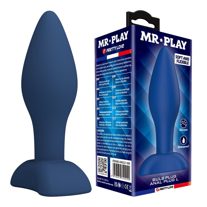 Plug anal azul escuro em silicone com embalagem azul