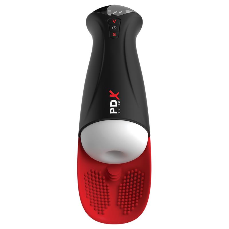 Dispositivo preto e vermelho com visor digital e base texturada vermelha.