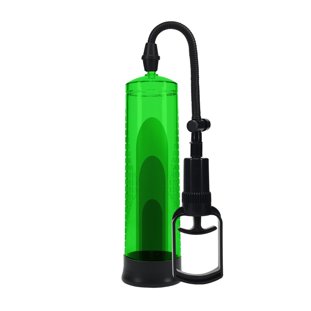 Bomba de vácuo verde e preta com tubo flexível e mecanismo de bombeamento manual