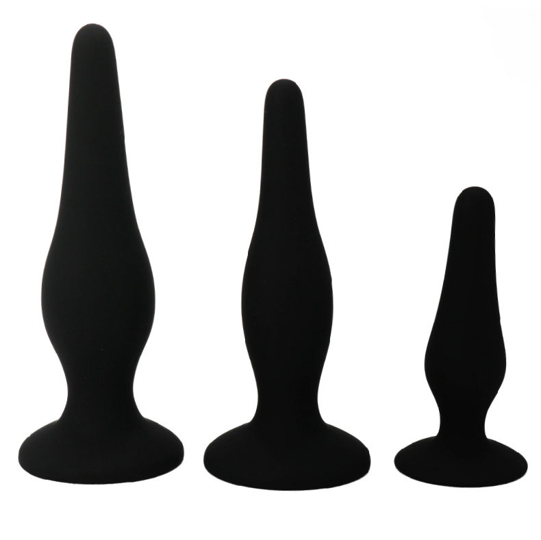 Conjunto de três plugues anais pretos de silicone em diferentes tamanhos