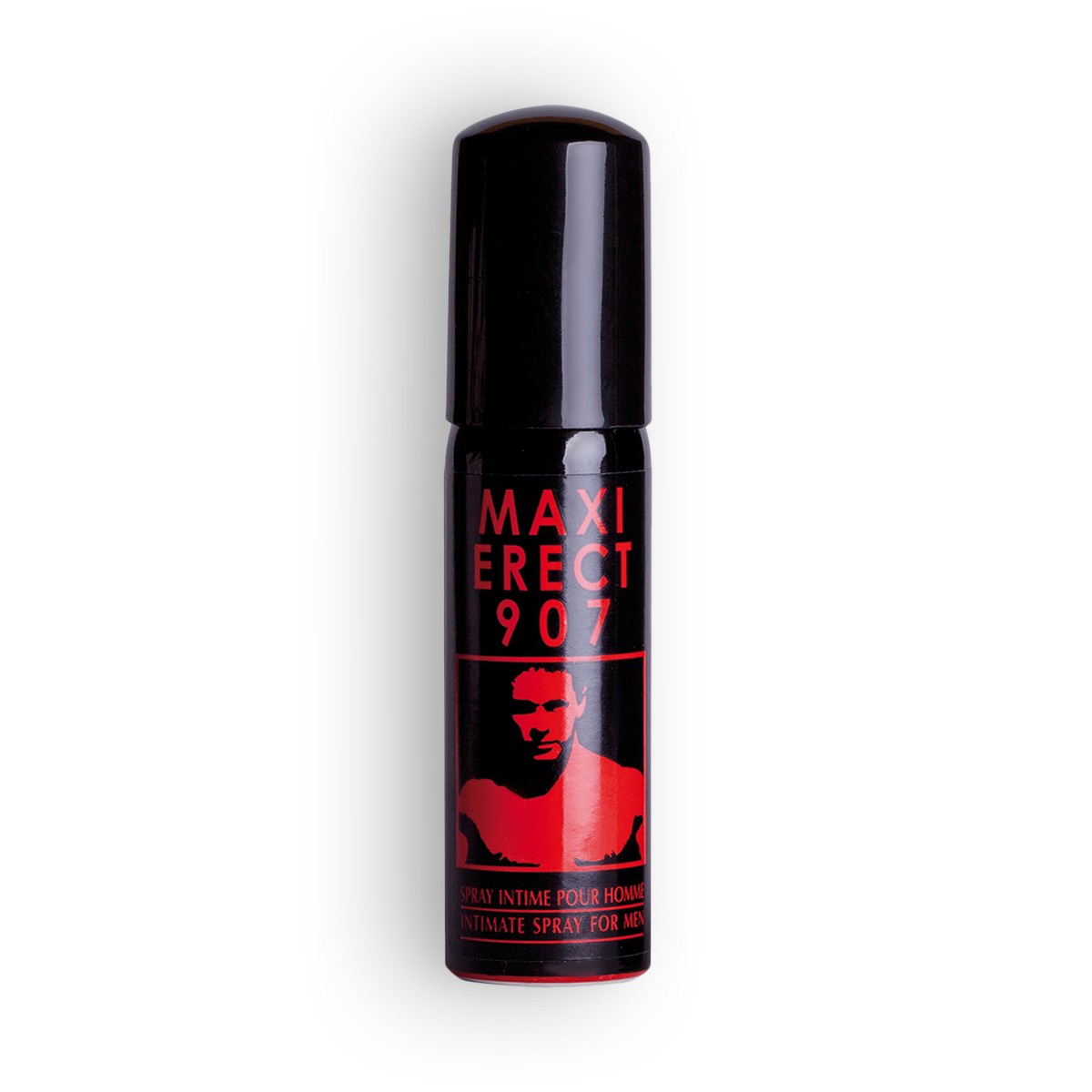 Frasco preto com texto vermelho e imagem masculina em spray íntimo para homem