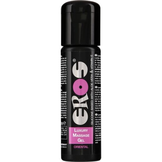Frasco preto de EROS Luxury Massage Gel Oriental com tampa preta