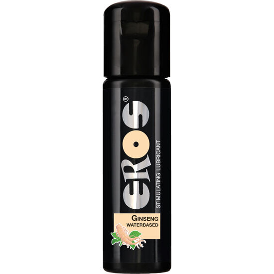 Frasco preto de lubrificante EROS com texto GINSENG WATERBASED e ilustração de ginseng