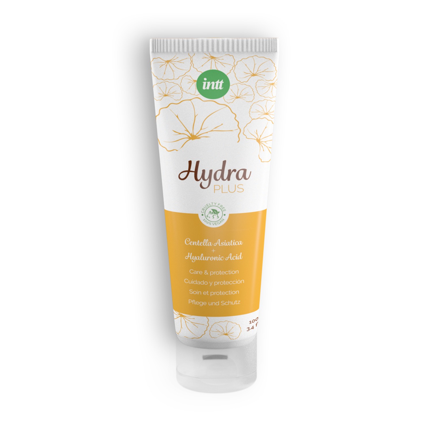 tubo de creme Hydra Plus branco e amarelo com padrão floral dourado