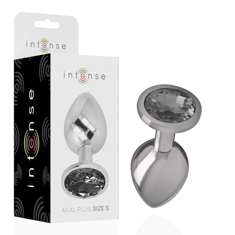 Plug anal metálico com base que tem pedra cinzenta, e embalagem Intense com texto