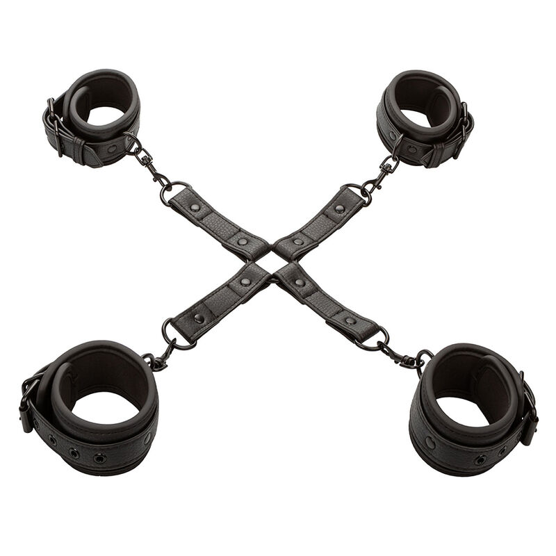 Conjunto de algemas em couro preto em forma de X
