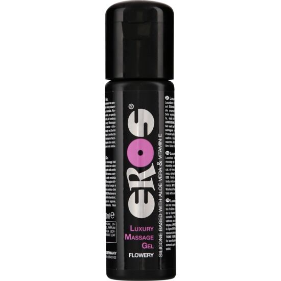 Frasco preto de gel de massagem EROS Luxury Massage Gel com texto branco e rosa
