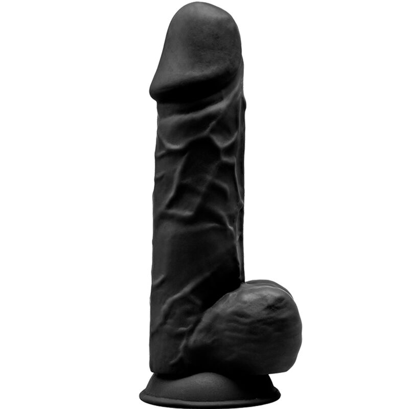 Dildo preto com textura realista e base ampla