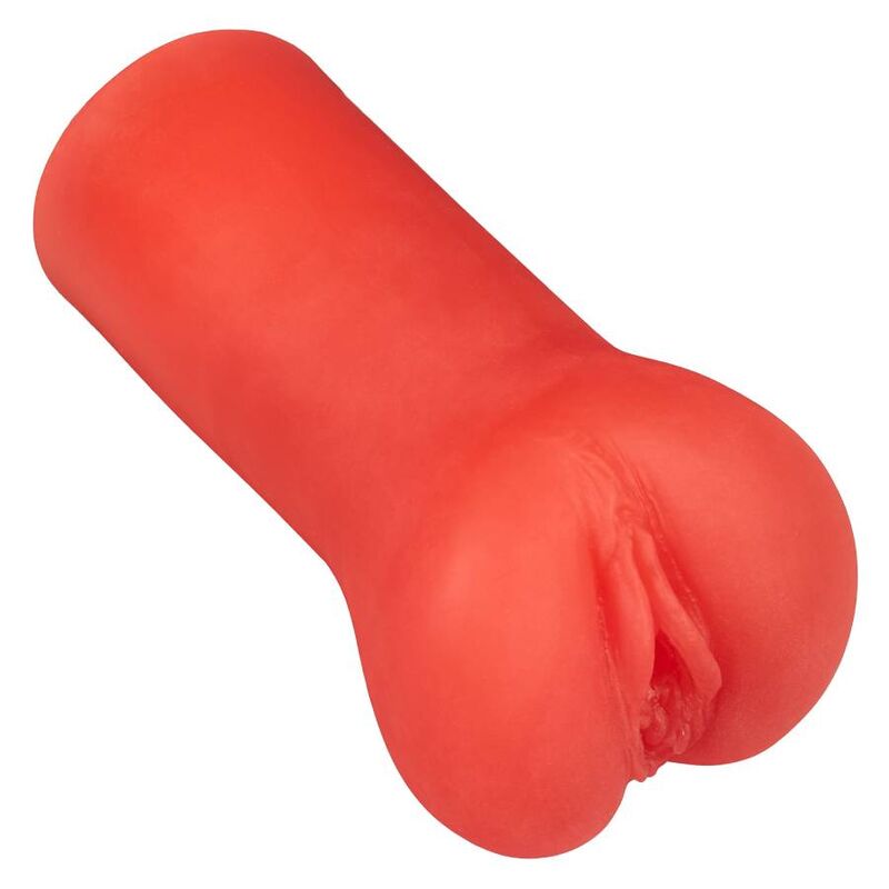 Objeto vermelho em formato cilíndrico com detalhes anatómicos femininos
