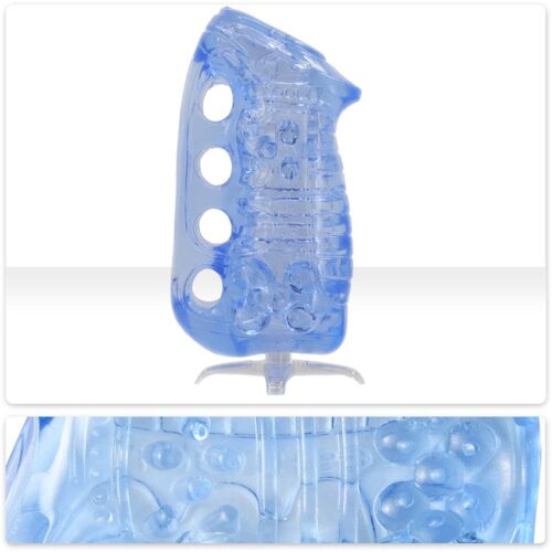 Estojo de guitarra azul transparente com furos para os dedos e texturas internas.