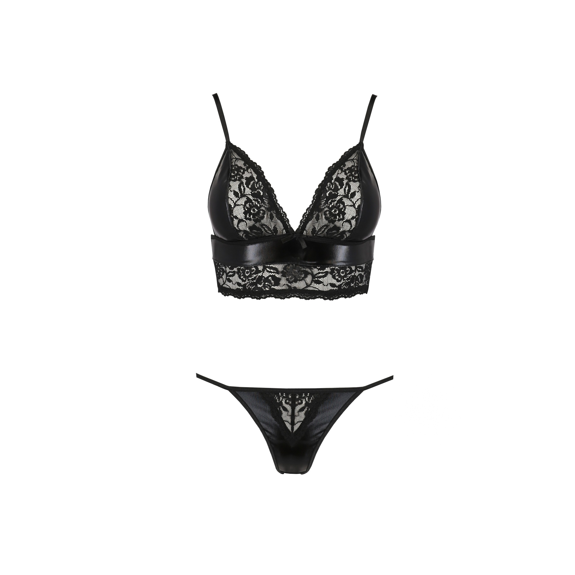 Conjunto de lingerie preto em renda e tecido acetinado com tiras finas