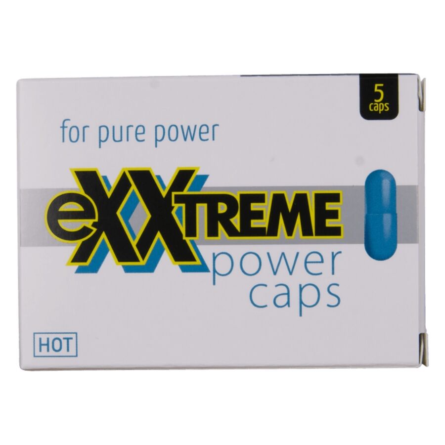 Embalagem branca com texto EXXTREME power caps e desenho de cápsula azul