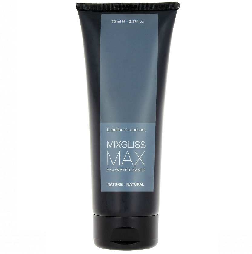 Frasco preto de tubo com rótulo cinza de lubrificante Mixgliss Max à base de água