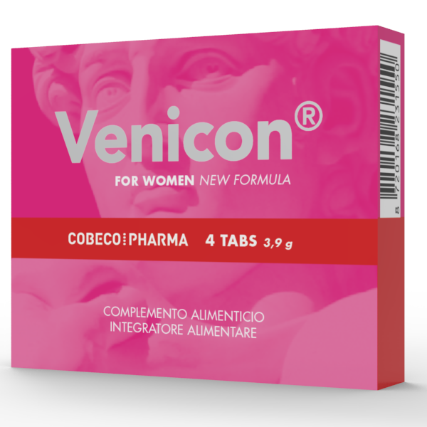 Embalagem rosa com texto Venicon para mulheres, 4 comprimidos, suplemento alimentar