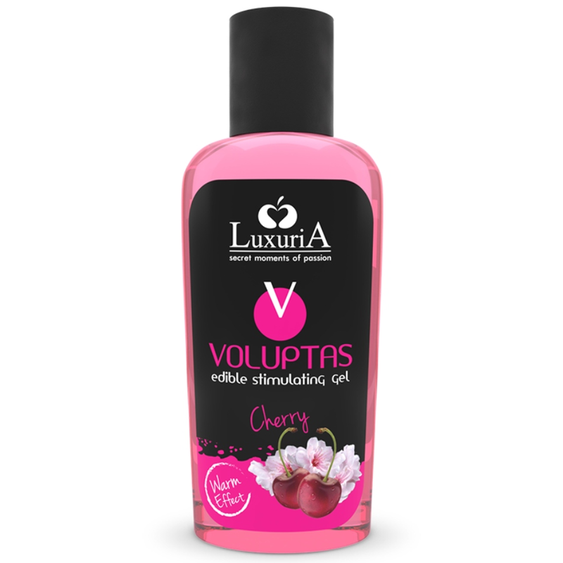 Frasco plástico transparente com gel rosa e rótulo preto e rosa com texto e imagens de cerejas.