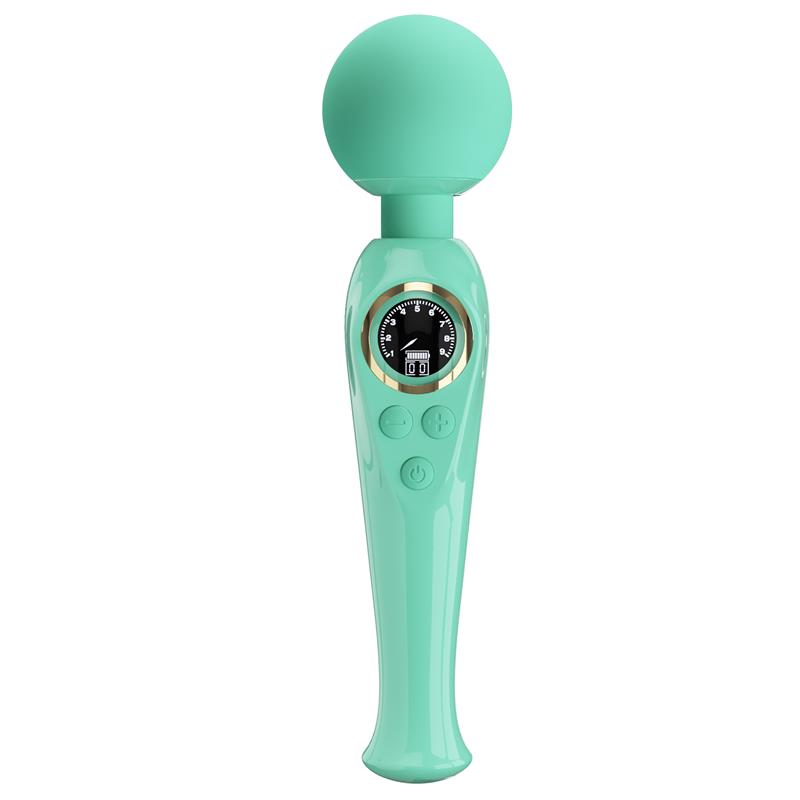 Vibrador massajador de mão verde água com visor redondo e três botões