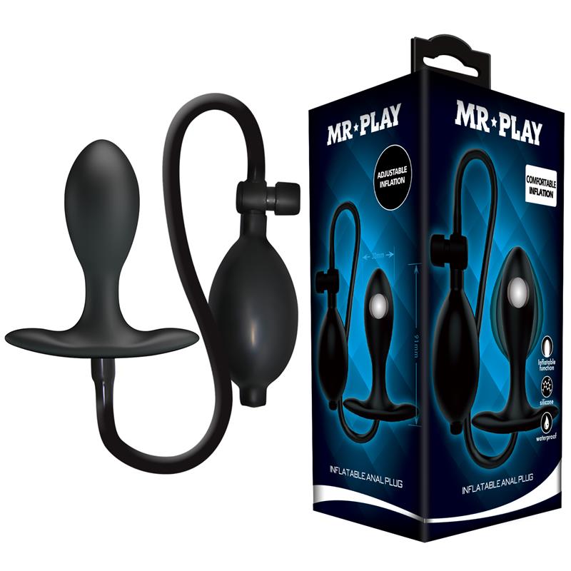 Plugue anal inflável preto com bomba e embalagem da marca MR PLAY