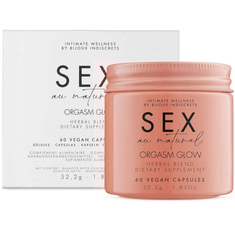 Suplemento alimentar SEX au naturel Orgasm Glow em frasco rosa pastel com embalagem branca