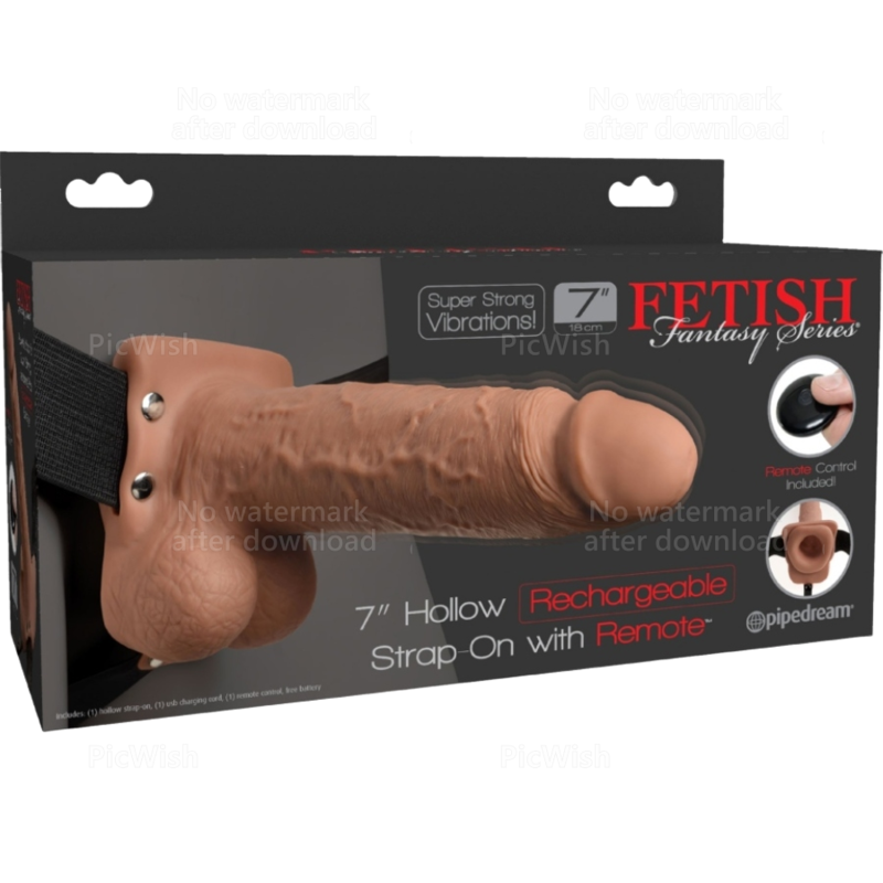 Strap-on oco de 7 polegadas, cor pele, com controle remoto, na embalagem preta com texto Fetish Fantasy Series.