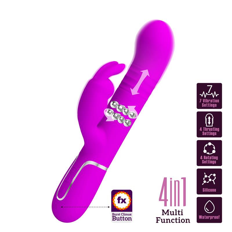 Vibrador rosa com várias funções e texto informativo sobre as definições