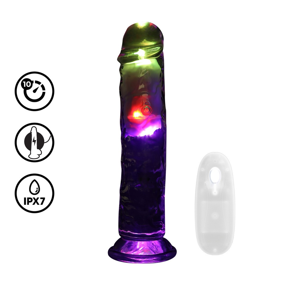 Vibrador roxo com luzes internas e controle remoto branco